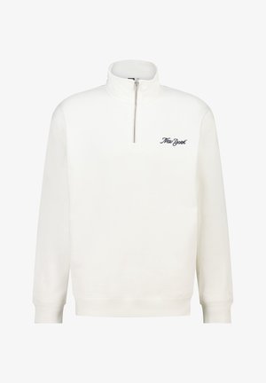 Weißes Sweatshirt mit langen Ärmeln, Viertel-Reißverschluss-Kragen und schwarzem Sticktext "New York" auf der linken Brustseite.