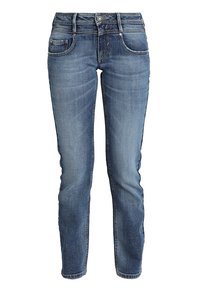 Blå slim-fit denimjeans med frontknäppning och dragkedja, fram- och bakfickor samt lätt urtvättad detaljering på låren och knäna.