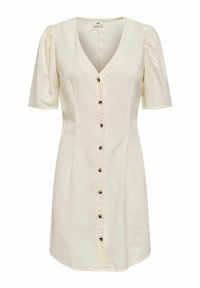 Vestito color crema con scollatura a V, maniche a palloncino corte e chiusura con bottoni davanti. Realizzato in un tessuto morbido con una silhouette aderente.