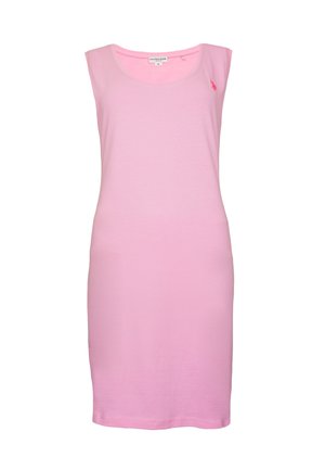 Vestido sin mangas rosa hasta la rodilla con escote redondo y pequeño logo bordado en la parte superior izquierda del pecho.