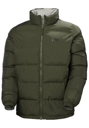 Olivově zelená péřová bunda s vysokým límcem, předním zipem, elastickými manžetami a polstrovaným designem. Obsahuje logo na hrudi a vroubkované vnitřní podšívání.