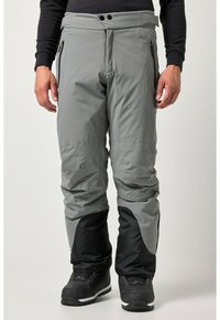 Pantaloni da neve grigi con accenti neri, dotati di tasche con zip, vita regolabile e vestibilità ampia, progettati per attività all'aperto in freddo.