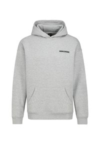Grijze hoodie gemaakt van zacht materiaal, met een voorzak en het woord "WORLDWIDE" in zwarte tekst op de borst.