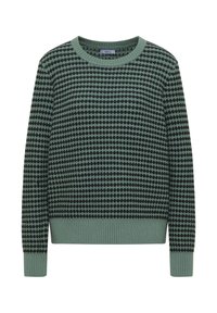 Grüner gestrickter Pullover mit ribbelndem Kragen und Bündchen, der ein Muster aus abwechselnden grünen und schwarzen Punkten aufweist.