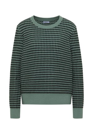 Maglione lavorato a maglia verde con scollatura e polsini a coste, caratterizzato da un motivo di pois verdi e neri alternati.
