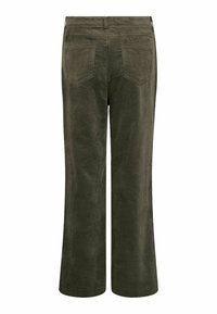 Pantaloni in corduroy verde scuro con gamba ampia, dotati di due tasche posteriori e una superficie texturizzata.