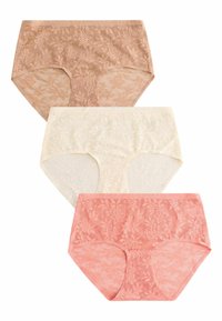 Trei perechi de chiloti tip hipster din dantelă: unul nude, unul crem și unul coral. Model floral din dantelă cu textură fină și design cu talie medie.