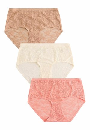 Trzy pary koronkowych fig typu hipster: jedna w kolorze nude, jedna kremowa i jedna koralowa. Wzór kwiatowej koronki z miękką fakturą i średnim stanem.