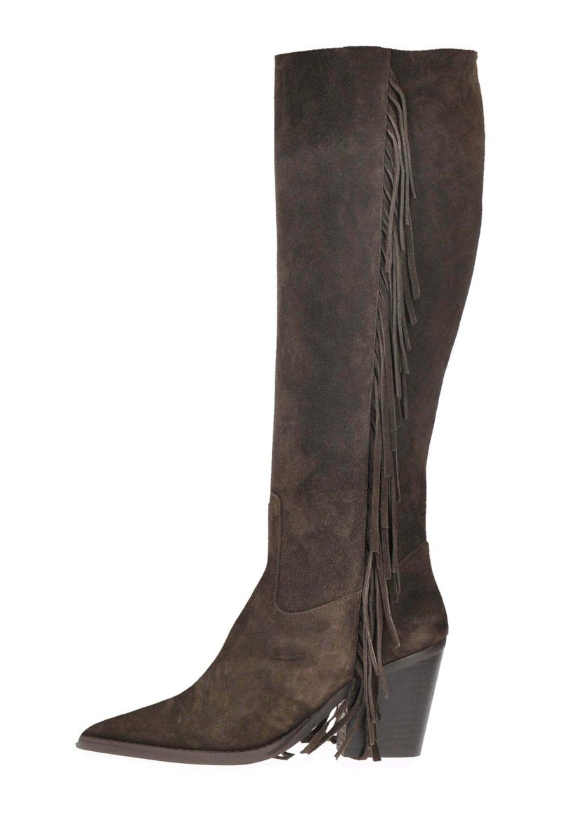 Stivale marrone in suede altezza ginocchio con punta affusolata, dettagli frangiati sul lato e tacco a blocco. Texture liscia con finitura opaca.