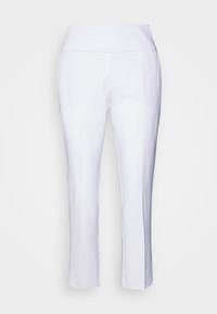 Vita, ankellånga byxor med en bred, elastisk midja, slät tygstruktur, figursydd design och utan synliga fickor eller utsmyckningar.