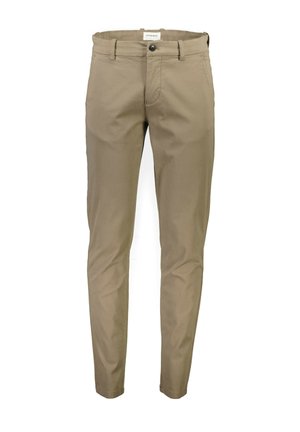 Beige chino pants in cotton, slim fit with a flat front. Features a single button closure, belt loops, and side pockets. Smooth texture.