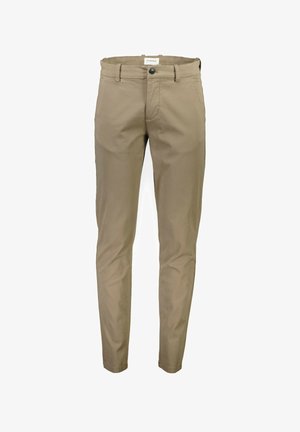 Beige chinos i bomuld, slim fit med flad front. Har en enkelt knaplukning, bæltestropper og sidelommer. Glat tekstur.