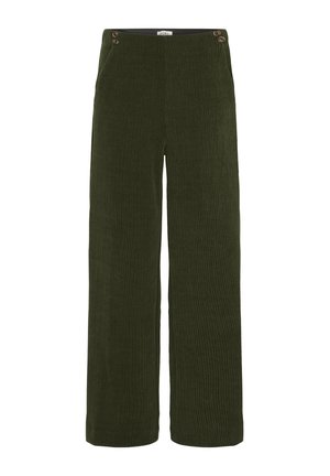 Dunkelgrüne Corduroy-Hosen mit weitem Bein. Mit vertikalen Rippungen, seitlichen Taschen und zwei dekorativen Knöpfen am Bund.