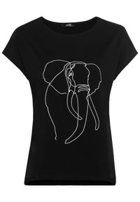 Svart t-shirt med korta ärmar som har en vit linjeteckning av en elefant på framsidan. Slät bomullstyg med en avslappnad passform.