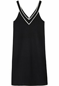 Abito nero con scollo a V doppio e bordature bianche, realizzato in tessuto leggero, ha una linea dritta e non presenta motivi o decorazioni visibili.