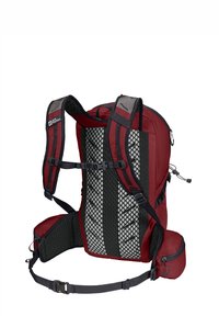 Rucksack mit einem kastanienbraunen Außenmaterial, atmungsaktiver Mesh-Rückenstütze, verstellbaren Trägern und seitlichen Taschen mit Reißverschlüssen.