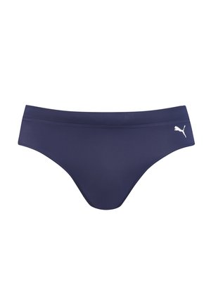 Dunkelblauer Bikiniunterteil aus glattem Stoff, mit schmalem Bund und einem weißen Logo-Akzent auf der linken Seite. Klassisches Design.