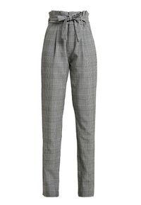 Grijze geruite broeken met een hoge taille, een strikdetail aan de voorkant en taps toelopende benen. Gemaakt van een gestructureerde stof met duidelijke ruiten.