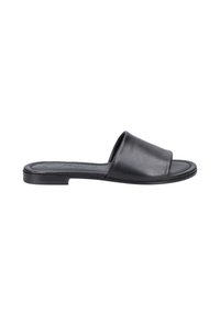 Black leather slide sandals with a smooth texture, open-toe design, and flat sole. Simple, minimalist style ideal for casual wear.