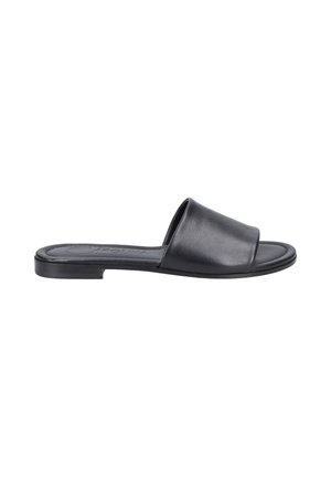 Black leather slide sandals with a smooth texture, open-toe design, and flat sole. Simple, minimalist style ideal for casual wear.
