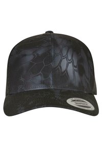 Fekete snapback sapka, textúrált, hüllőre emlékeztető mintával. Gömbölyű napellenzővel és hálós hátrésszel a szellőzés érdekében. Állítható méret.