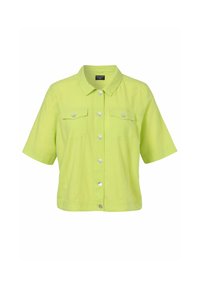 Limoengroen linnen shirt met korte mouwen, een kraag, knoopsluiting aan de voorkant en twee borstzakken met drukknoopsluitingen.