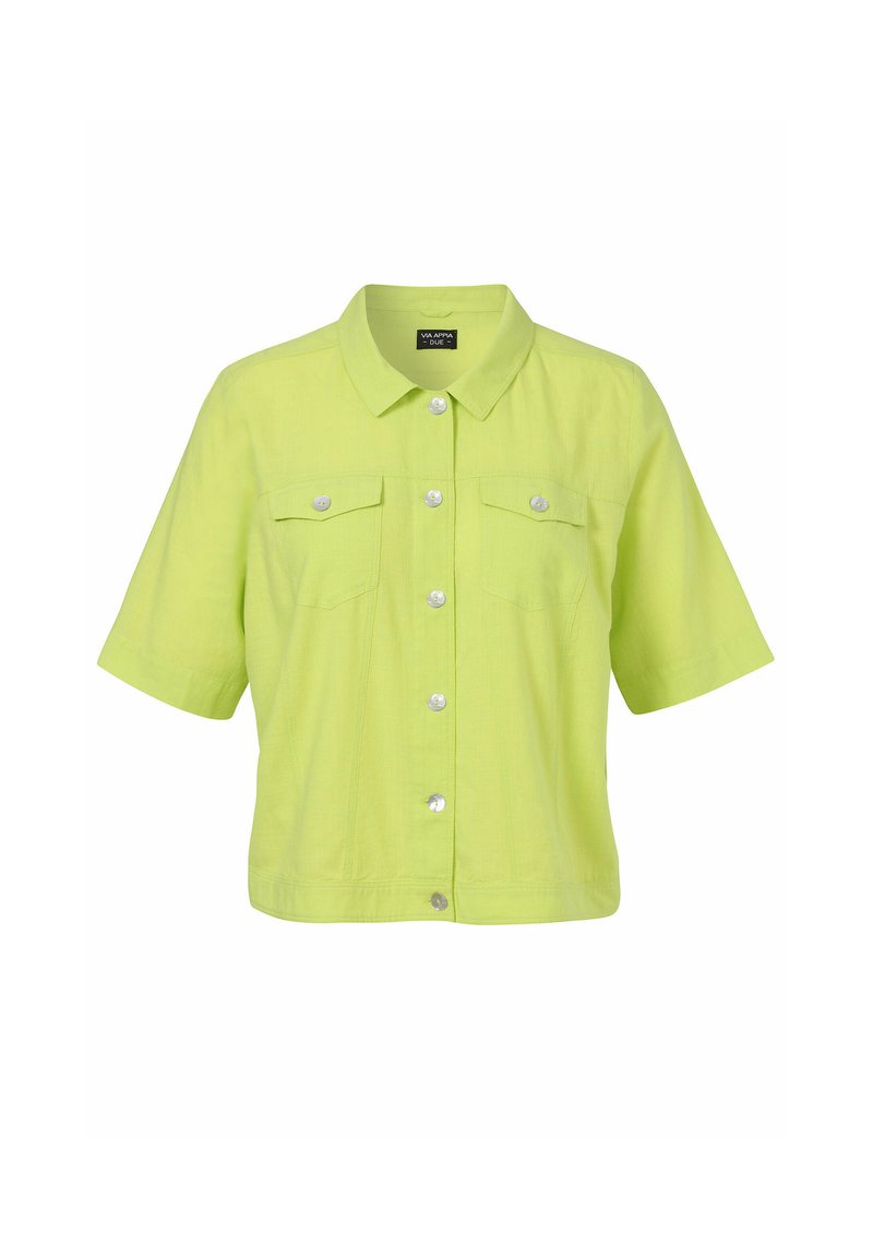 Limoengroen linnen shirt met korte mouwen, een kraag, knoopsluiting aan de voorkant en twee borstzakken met drukknoopsluitingen.