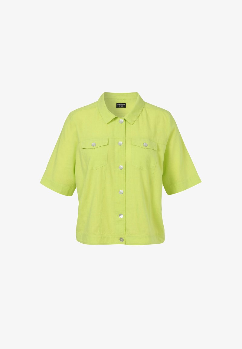 Limoengroen linnen shirt met korte mouwen, een kraag, knoopsluiting aan de voorkant en twee borstzakken met drukknoopsluitingen.