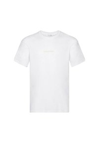 T-shirt bianco in cotone con maniche corte e scollatura a girocollo. Logo "Calvin Klein" stampato sul petto in un delicato oro chiaro.