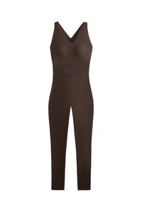 Brown jumpsuit with V-neck, fitted bodice, and long legs. Made of smooth fabric with a subtle sheen. Features horizontal seam detail across waist.