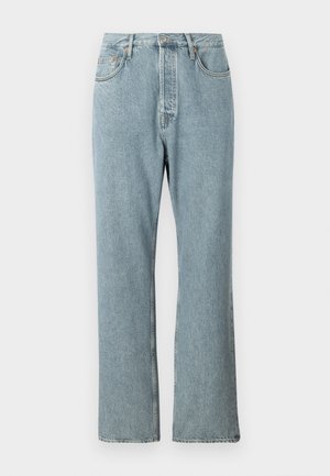 Light blue denim jeans with a high waist, wide straight legs, and simple stitching. Features five pockets and a classic button closure.