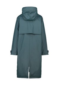 Vedenkestävä turkoosi takki, jossa on huppu, pitkät hihat ja keskipitkä muoto. Takissa on takasuoja ja napit hihansuissa.