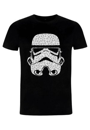 Schwarzes T-Shirt mit einem weißen Stormtrooper-Helmdesign, das auf der Vorderseite mit einem grauen Leopardenmuster gefüllt ist.