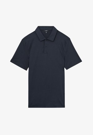 Tmavomodré polo s krátkym rukávom, dvoma gombíkmi a klasickým golierom, položené na bielom pozadí.