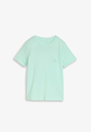 Jasnozielony T-shirt z krótkim rękawem, okrągłym dekoltem i małym napisem "AT THE BEACH" na lewej piersi.