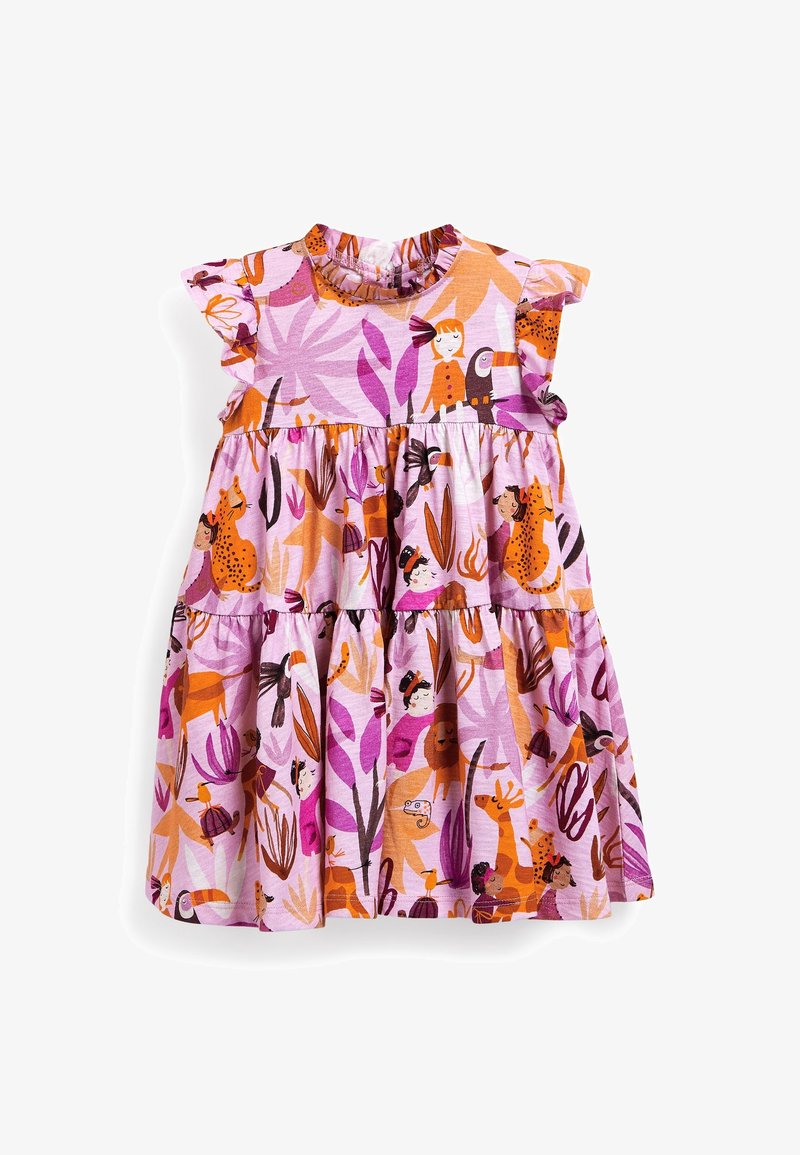 Robe sans manches pour tout-petit, de couleur rose, orange et violet, avec des manches à volants, des illustrations d'animaux de la jungle et d'enfants, et une jupe à volants.
