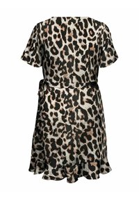 Kileopardikuosisella mekolla, jossa on lyhyet hihnat, kerätty vyötärö ja röyhelöhimo. Valmistettu kevyestä kankaasta, jossa on sileä rakenne. Hallitsevat värit: musta, beige, kerma.