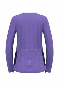 Rückansicht einer lila Sportjacke mit langen Ärmeln, dehnbarem Stoff, schwarzen Seitenpanelen und verstellbaren Reißverschlüssen am Saum.