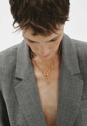 Persona con cabello corto y castaño mirando hacia abajo, que lleva una chaqueta gris y un collar grueso de cadena dorada con cierre de palanca.