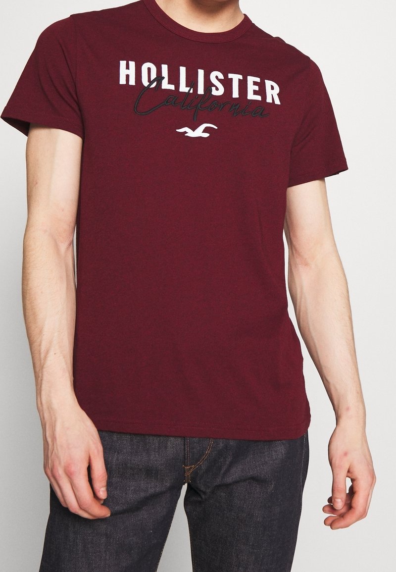 Czerwony bawełniany t-shirt z napisem "HOLLISTER" w białym i czarnym kolorze, z małym logo ptaka. Krótkie rękawy i okrągły dekolt.