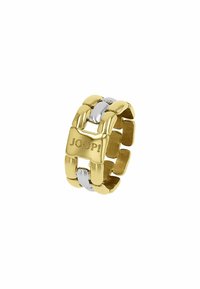 Anello in metallo dorato e argentato con un design a catena e un pannello centrale rialzato inciso con "JOOP!" Finitura liscia e dettagli lucidi.