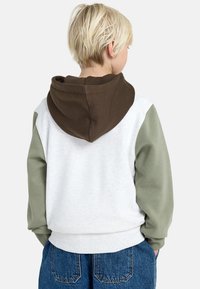 Hoodie met een bruine capuchon, een grijs lichaam en groene mouwen. Zachte stof met ribgebreide manchetten; unisex ontwerp in een relaxte pasvorm.