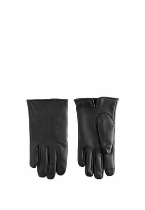 Par de guantes de cuero negro, uno muestra el reverso con tres líneas cosidas, el otro muestra la palma con una pequeña muesca en la muñeca.