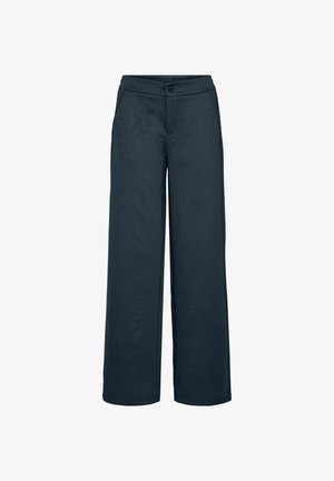 Donkerblauwe wijde broek met een knoopsluiting, een elastische tailleband en zijzakken, met een gladde textuur.