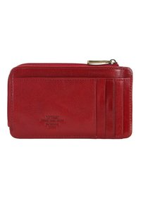 Portafoglio rosso in pelle con chiusura a zip, diverse fessure per carte e superficie testurizzata. Presenta un marchio impresso sul davanti.