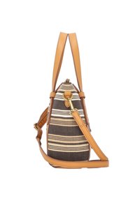 Sac à main en tissu rayé avec des rayures marron et crème, accents en cuir beige, deux poignées et une bandoulière réglable. Forme ronde avec une fermeture éclair.