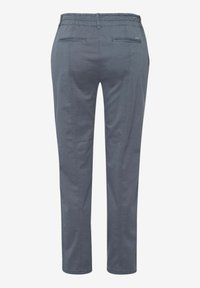 Pantalon décontracté gris avec ceinture élastique et deux poches passepoilées à l'arrière, vu de dos sur fond blanc.