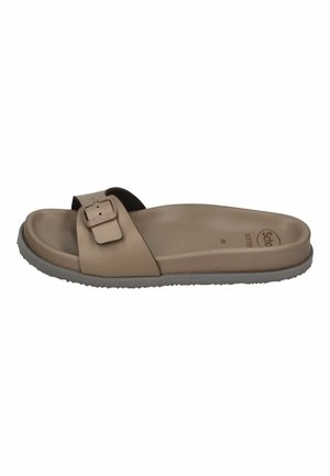 Sandal in materiale sintetico marrone con una fascia regolabile, tomaia liscia, footbed sagomato e suola grigia testurizzata per una buona aderenza.