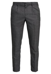 Ciemnoszare spodnie slim-fit w czarno-białą kratkę, z paskami do paska i kieszeniami bocznymi, wyeksponowane na białym tle.