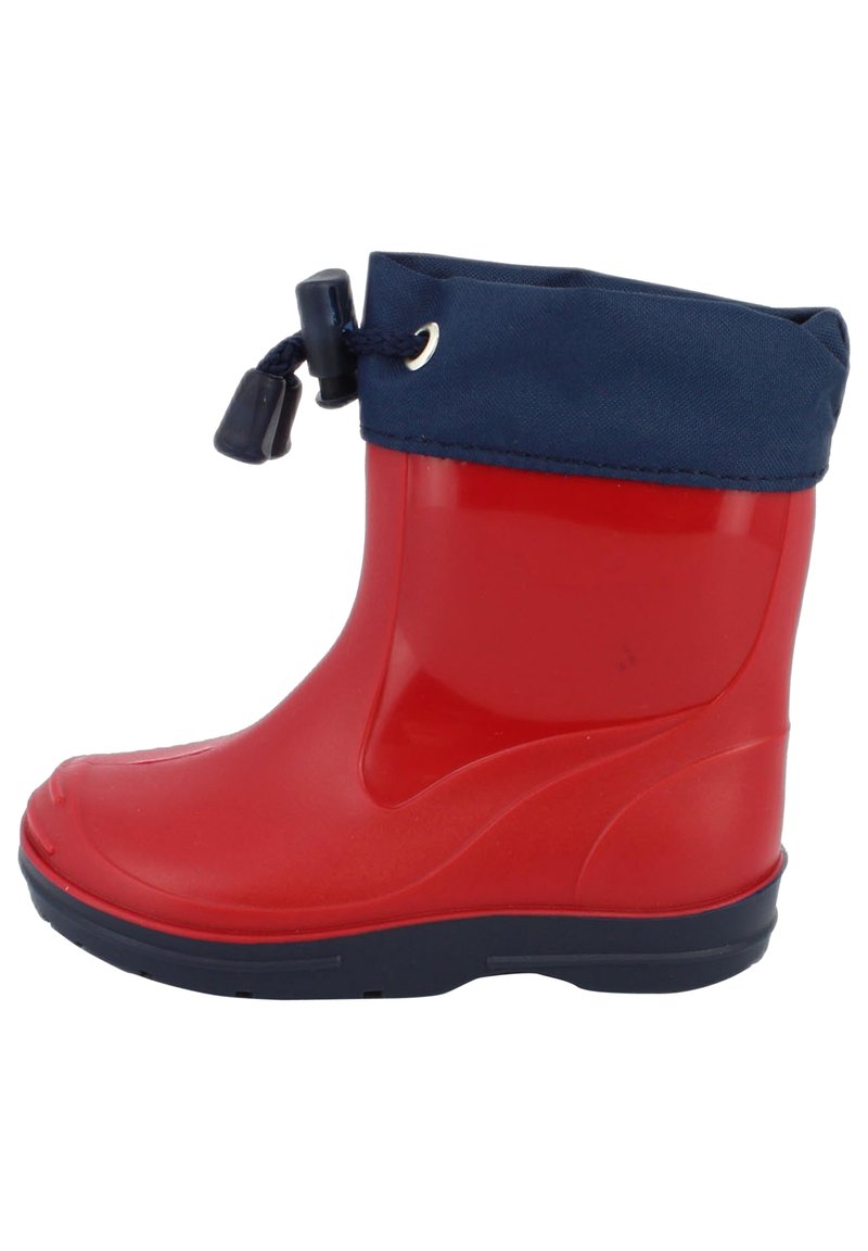 Botte de pluie en caoutchouc rouge avec un revers en nylon bleu marine, dotée d'un cordon de serrage en haut, d'une pointe arrondie et d'une semelle texturée.